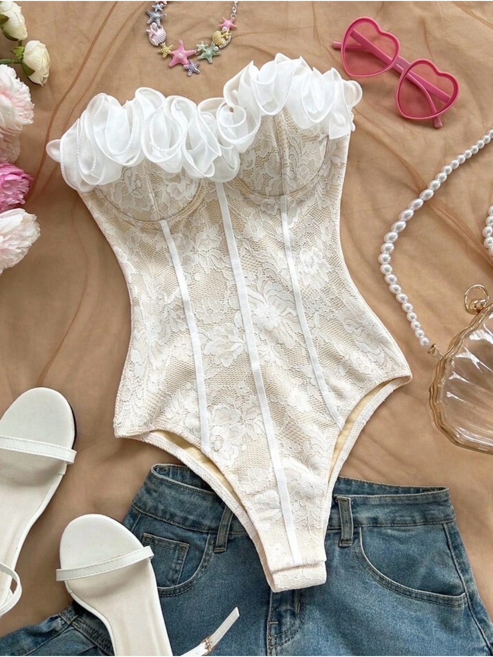 Ivory Lace Ruffled Bustier Bodysuit